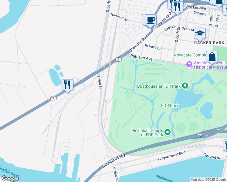 map of restaurants, bars, coffee shops, grocery stores, and more near 3925 Gateway Drive in Philadelphia