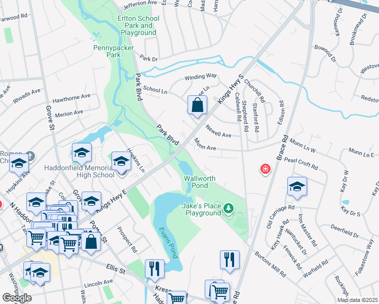 map of restaurants, bars, coffee shops, grocery stores, and more near 100 Park Boulevard in Cherry Hill