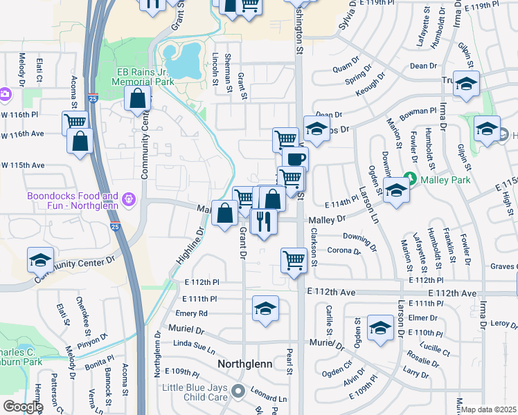map of restaurants, bars, coffee shops, grocery stores, and more near 476 Malley Drive in Denver