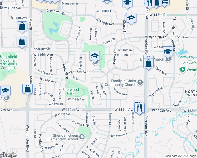 map of restaurants, bars, coffee shops, grocery stores, and more near 11374 Eaton Way in Broomfield