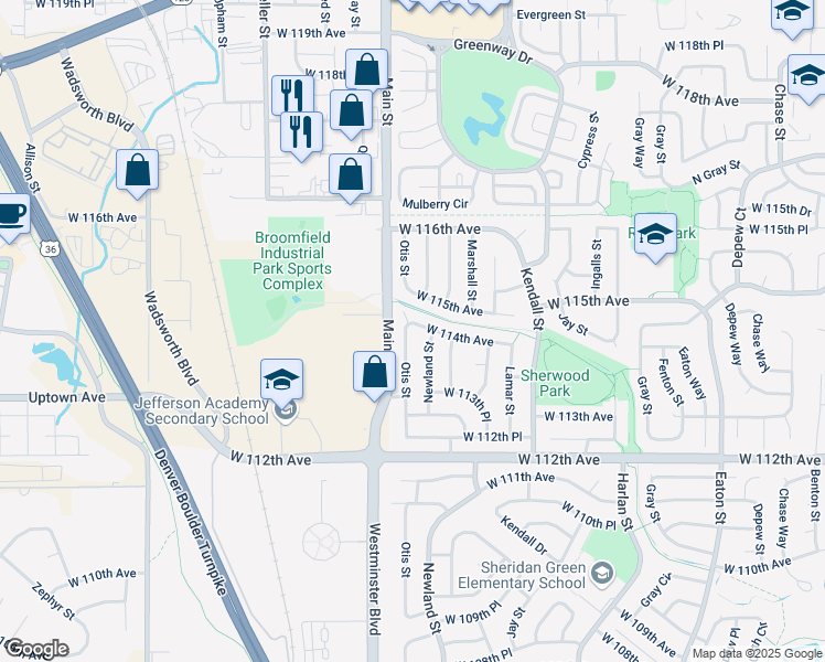 map of restaurants, bars, coffee shops, grocery stores, and more near 11397 Newland Street in Broomfield