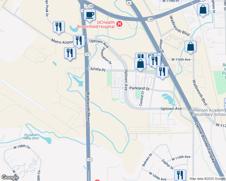 map of restaurants, bars, coffee shops, grocery stores, and more near 8508 Redpoint Way in Broomfield