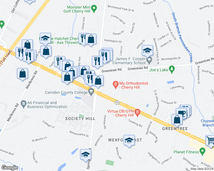 map of restaurants, bars, coffee shops, grocery stores, and more near 2300 New Jersey 70 in Cherry Hill