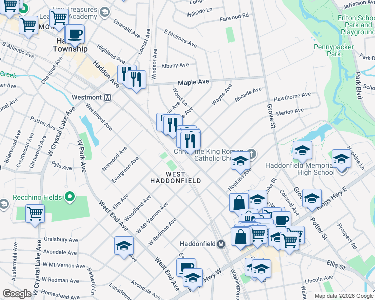 map of restaurants, bars, coffee shops, grocery stores, and more near in Haddonfield