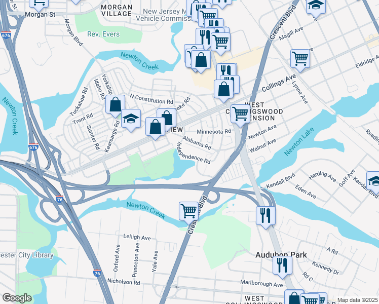 map of restaurants, bars, coffee shops, grocery stores, and more near 1505 Independence Road in Camden