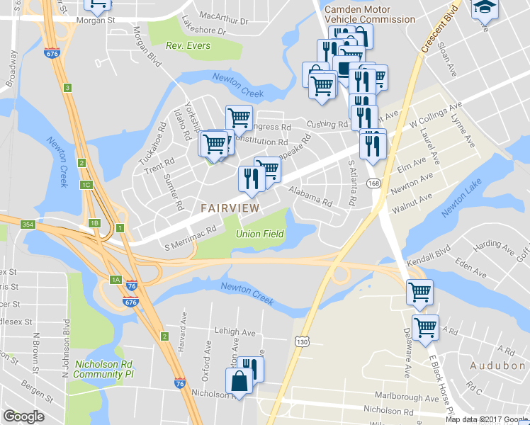 map of restaurants, bars, coffee shops, grocery stores, and more near 1266 South Merrimac Road in Camden