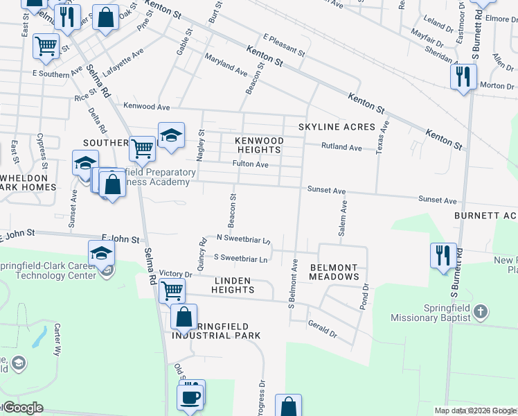 map of restaurants, bars, coffee shops, grocery stores, and more near 1806 North Sweetbriar Lane in Springfield
