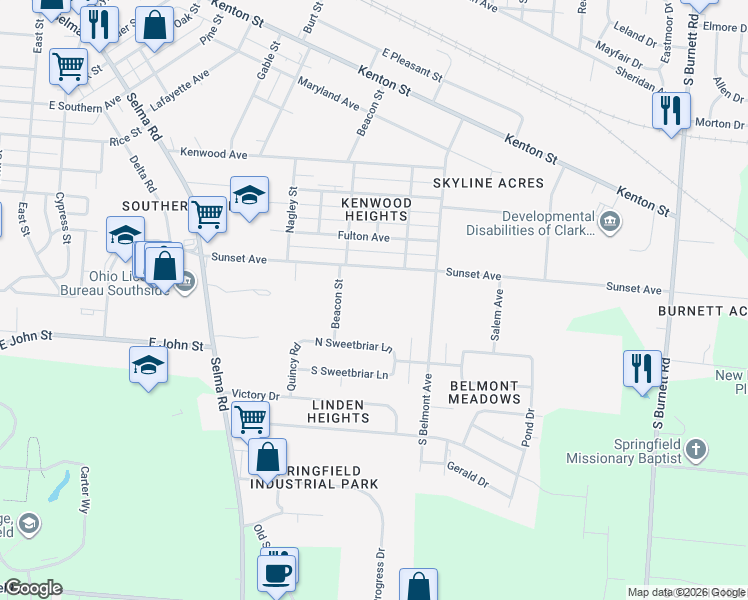 map of restaurants, bars, coffee shops, grocery stores, and more near 1806 North Sweetbriar Lane in Springfield