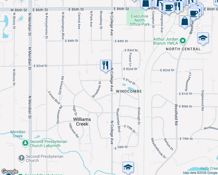 map of restaurants, bars, coffee shops, grocery stores, and more near 666 East 80th Street in Indianapolis