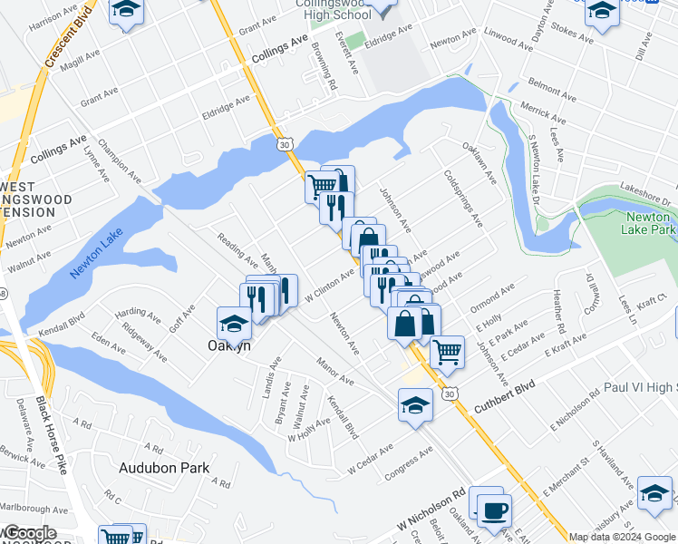 map of restaurants, bars, coffee shops, grocery stores, and more near 25 West Clinton Avenue in Oaklyn