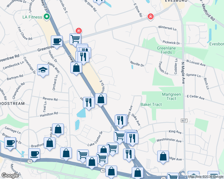 map of restaurants, bars, coffee shops, grocery stores, and more near 501 Jonathan Lane in Evesham