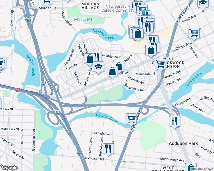 map of restaurants, bars, coffee shops, grocery stores, and more near 1263 South Merrimac Road in Camden