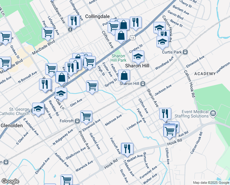map of restaurants, bars, coffee shops, grocery stores, and more near 1329 Woodland Avenue in Sharon Hill