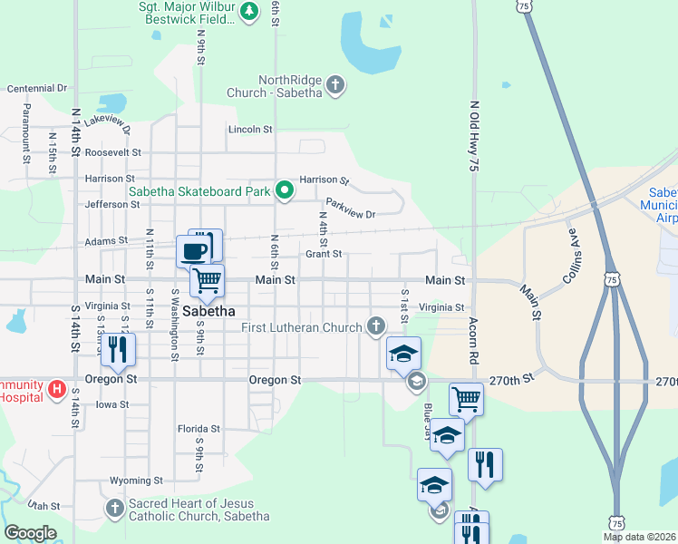 map of restaurants, bars, coffee shops, grocery stores, and more near 101-199 South 3rd Street in Sabetha