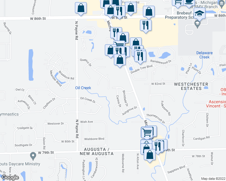 map of restaurants, bars, coffee shops, grocery stores, and more near 3537 Birchfield Place in Indianapolis