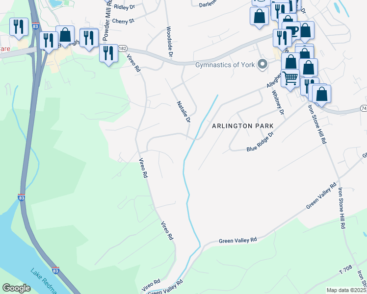 map of restaurants, bars, coffee shops, grocery stores, and more near 338 Allegheny Drive in York