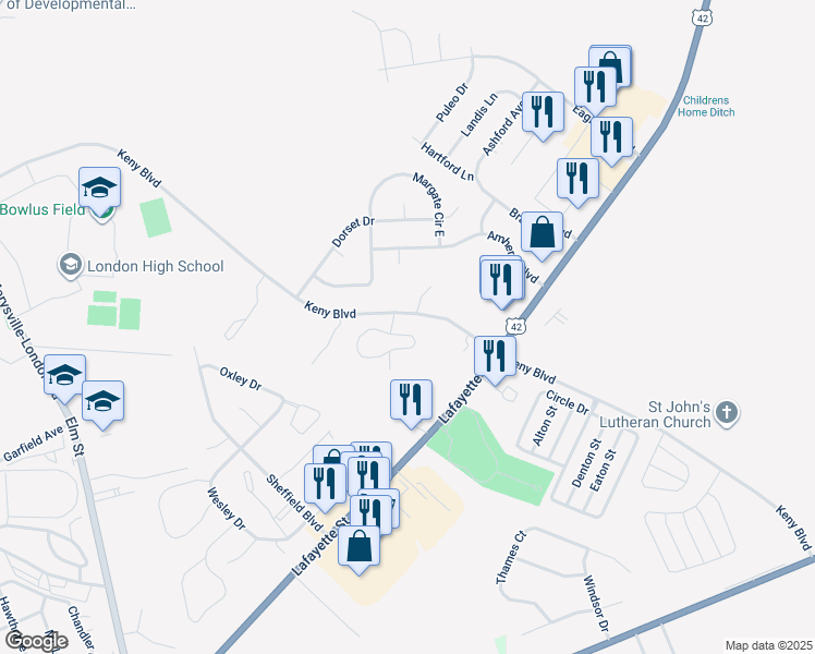 map of restaurants, bars, coffee shops, grocery stores, and more near 1040 Windward Drive in London