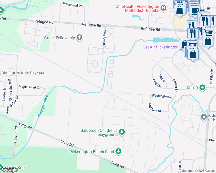 map of restaurants, bars, coffee shops, grocery stores, and more near Treemoss Circle in Pickerington