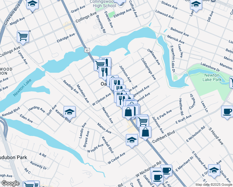 map of restaurants, bars, coffee shops, grocery stores, and more near in Haddon Township