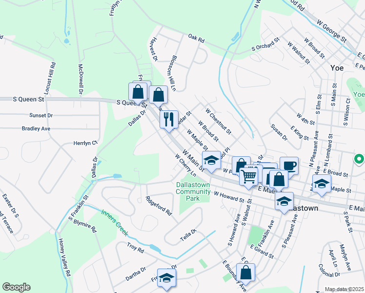 map of restaurants, bars, coffee shops, grocery stores, and more near 355 West Main Street in Yoe