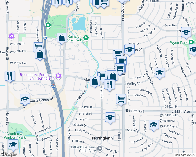 map of restaurants, bars, coffee shops, grocery stores, and more near 401 Malley Drive in Northglenn