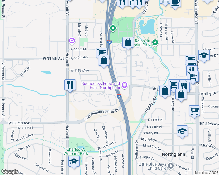 map of restaurants, bars, coffee shops, grocery stores, and more near 11402 Cherokee Street in Northglenn