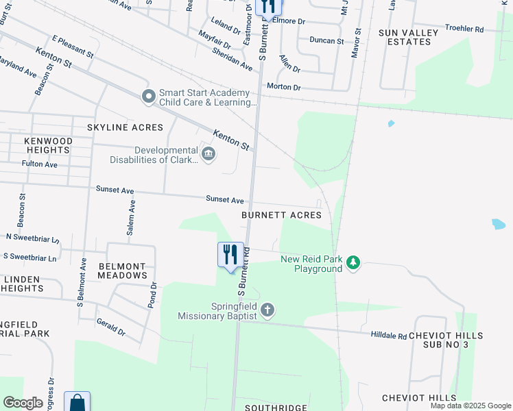 map of restaurants, bars, coffee shops, grocery stores, and more near 1649 South Burnett Road in Springfield