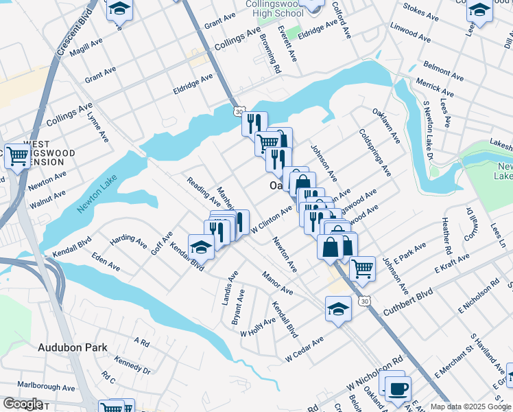 map of restaurants, bars, coffee shops, grocery stores, and more near 416 Newton Avenue in Oaklyn