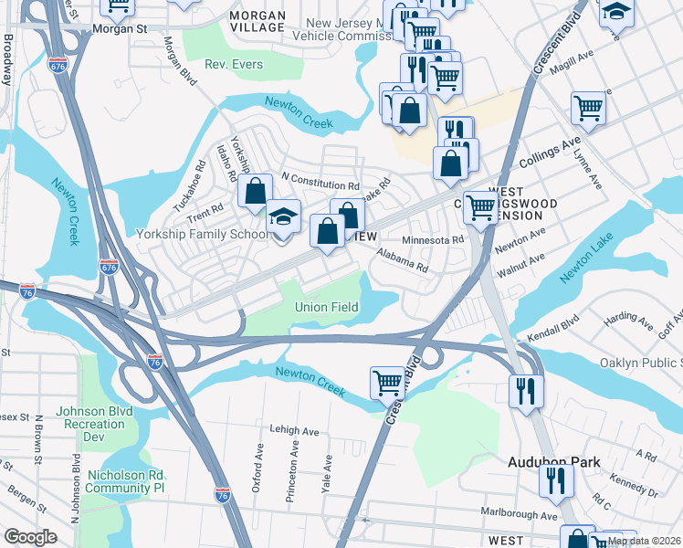 map of restaurants, bars, coffee shops, grocery stores, and more near 1320 South Merrimac Road in Camden