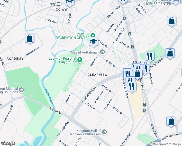 map of restaurants, bars, coffee shops, grocery stores, and more near 2622 South 80th Street in Philadelphia