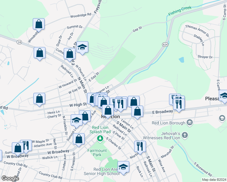 map of restaurants, bars, coffee shops, grocery stores, and more near 100-114 East High Street in Red Lion
