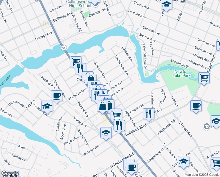 map of restaurants, bars, coffee shops, grocery stores, and more near 25 East Collingswood Avenue in Oaklyn