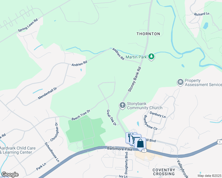 map of restaurants, bars, coffee shops, grocery stores, and more near 15 Beech Tree Drive in Glen Mills