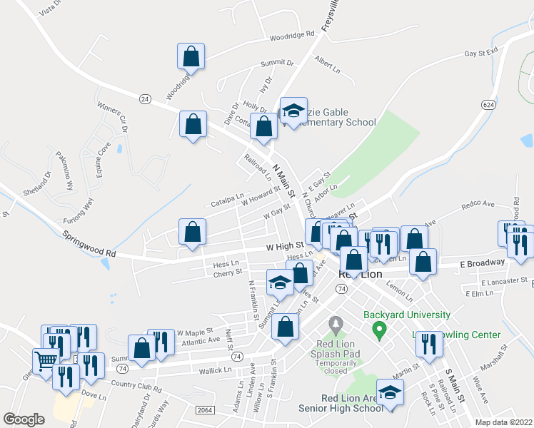 map of restaurants, bars, coffee shops, grocery stores, and more near 107 West Gay Street in Red Lion