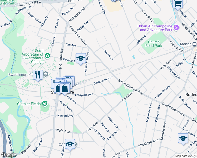 map of restaurants, bars, coffee shops, grocery stores, and more near 18 Amherst Avenue in Swarthmore
