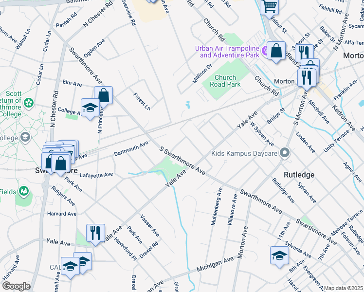 map of restaurants, bars, coffee shops, grocery stores, and more near 211 South Swarthmore Avenue in Swarthmore