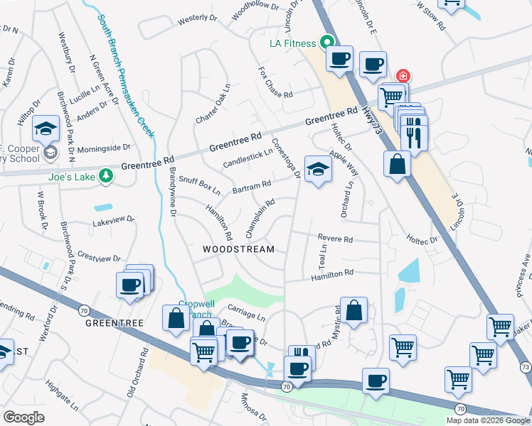 map of restaurants, bars, coffee shops, grocery stores, and more near 114 Woodbridge Road in Evesham