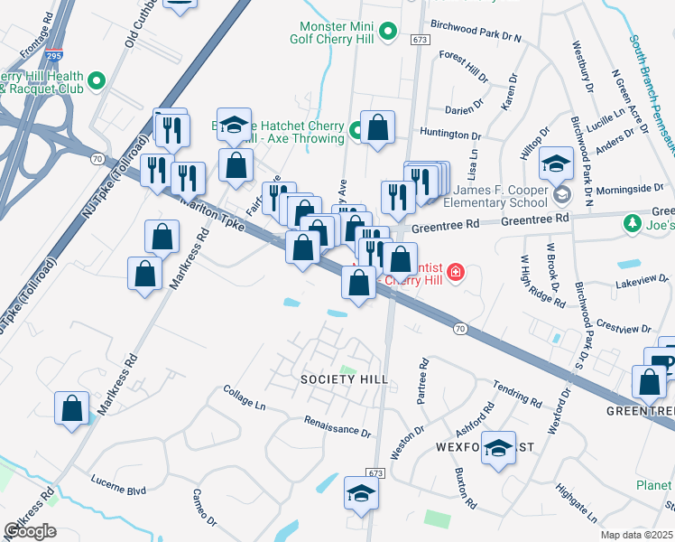 map of restaurants, bars, coffee shops, grocery stores, and more near 1875 New Jersey 70 in Cherry Hill