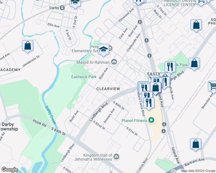 map of restaurants, bars, coffee shops, grocery stores, and more near 7913 Pompey Place in Philadelphia