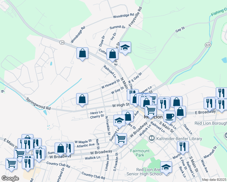 map of restaurants, bars, coffee shops, grocery stores, and more near 107 West Gay Street in Red Lion