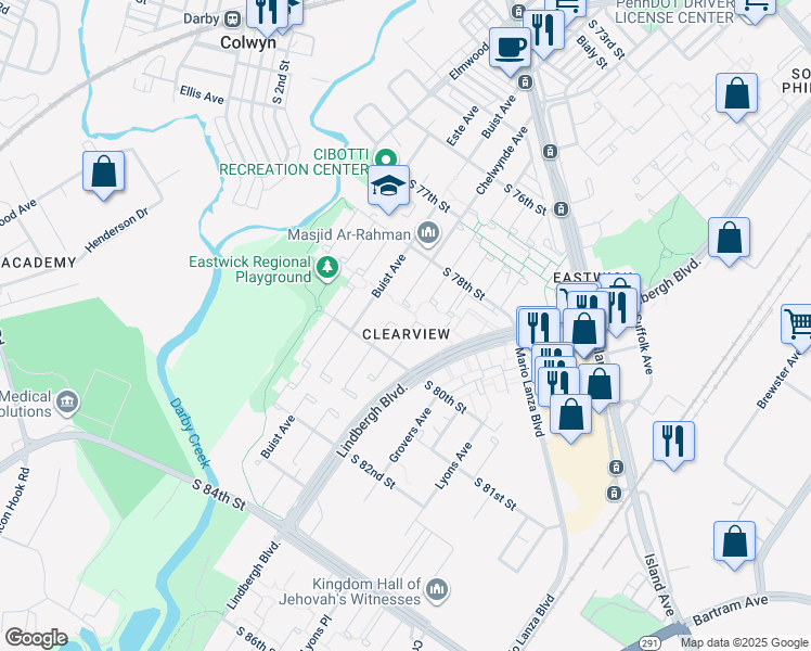 map of restaurants, bars, coffee shops, grocery stores, and more near 7913 Pompey Place in Philadelphia
