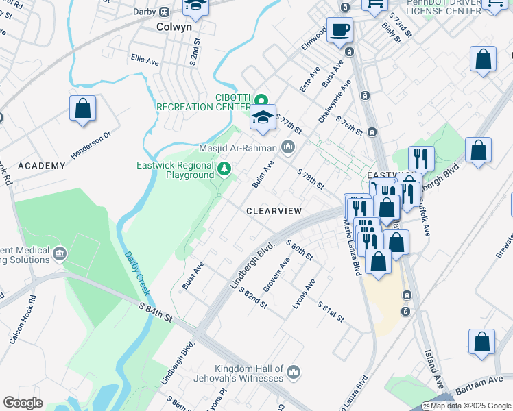 map of restaurants, bars, coffee shops, grocery stores, and more near 2622 South 80th Street in Philadelphia