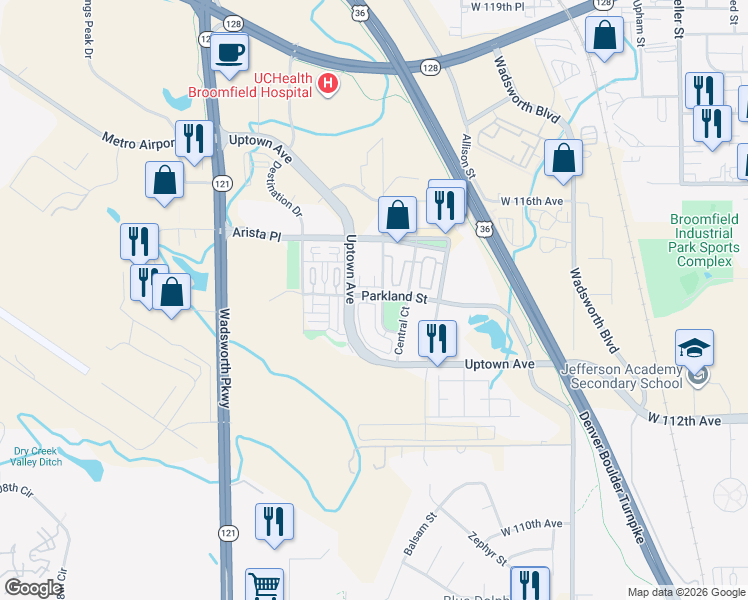 map of restaurants, bars, coffee shops, grocery stores, and more near 11296 Colony Circle in Broomfield