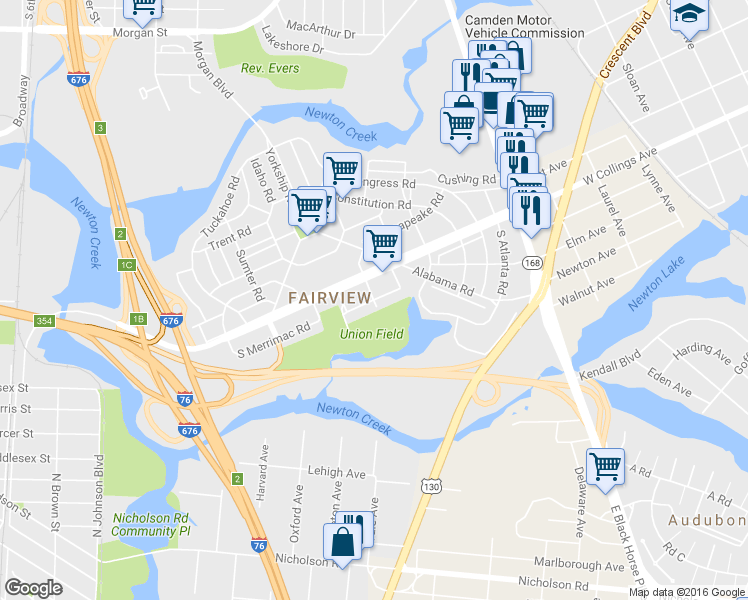map of restaurants, bars, coffee shops, grocery stores, and more near 3199 South Chesapeake Road in Camden