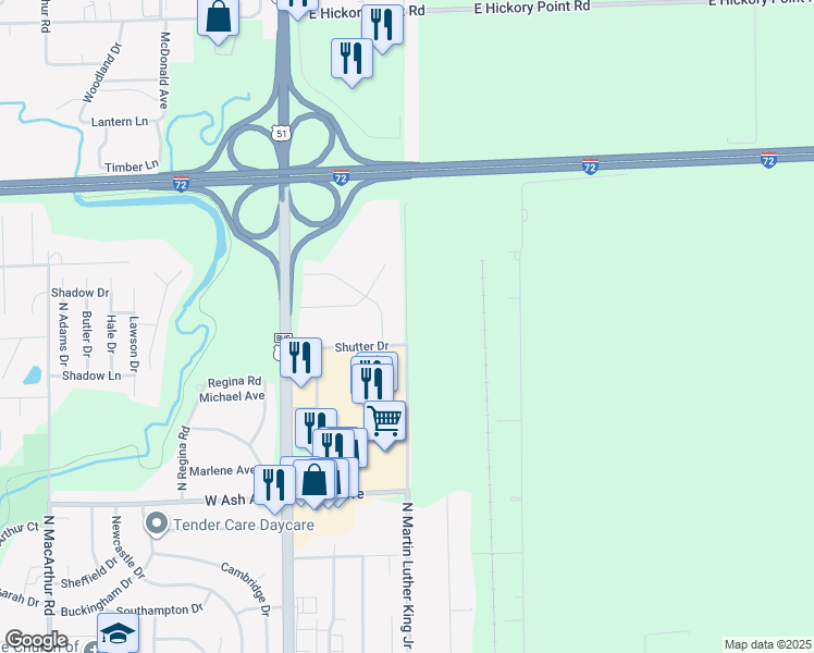 map of restaurants, bars, coffee shops, grocery stores, and more near 4725 N Martin Luther King Jr Dr in Decatur