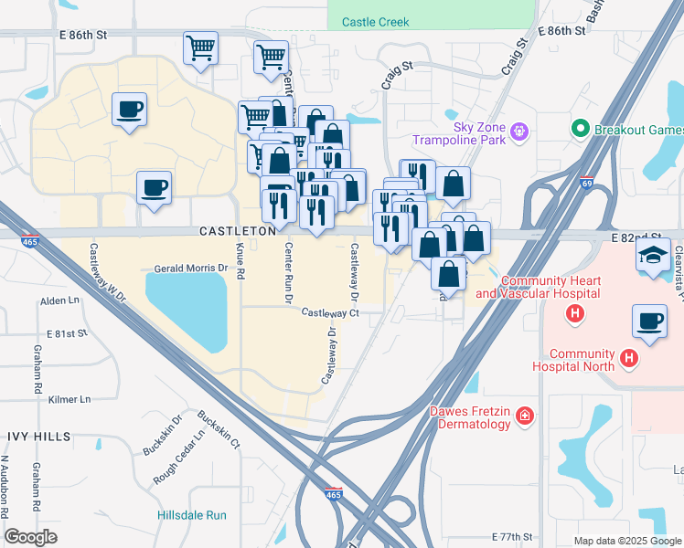 map of restaurants, bars, coffee shops, grocery stores, and more near 6515 East 82nd Street in Indianapolis