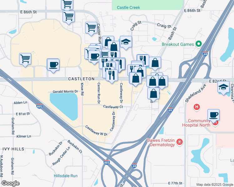 map of restaurants, bars, coffee shops, grocery stores, and more near 6515 East 82nd Street in Indianapolis