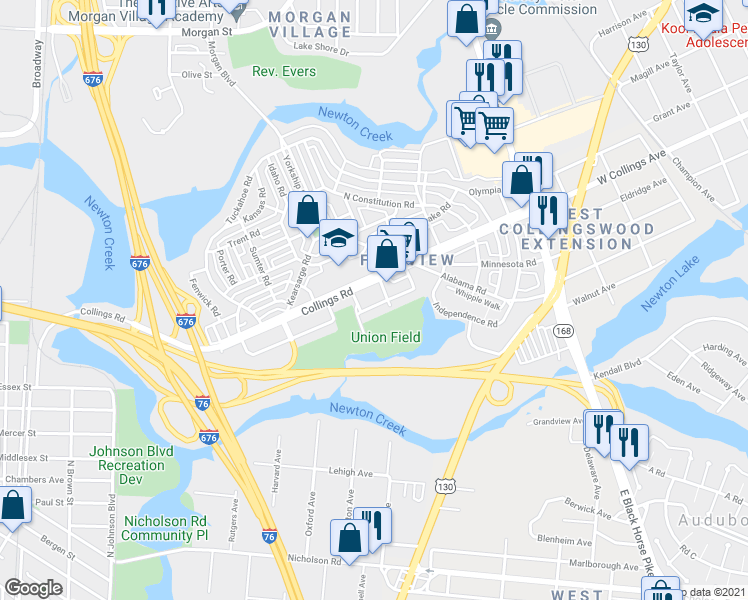 map of restaurants, bars, coffee shops, grocery stores, and more near 1275 South Merrimac Road in Camden