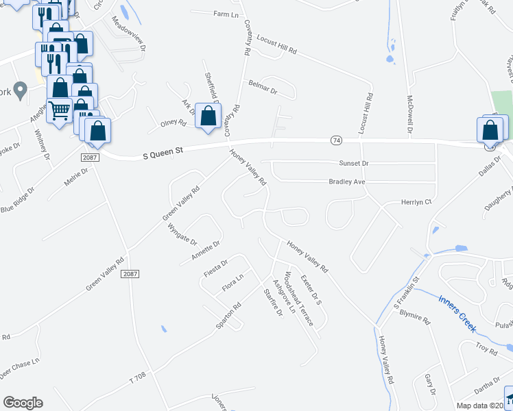 map of restaurants, bars, coffee shops, grocery stores, and more near 685 Cortland Drive in York