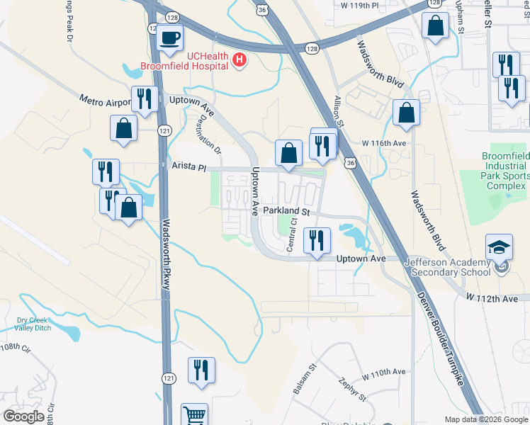 map of restaurants, bars, coffee shops, grocery stores, and more near 11353 Colony Circle in Broomfield